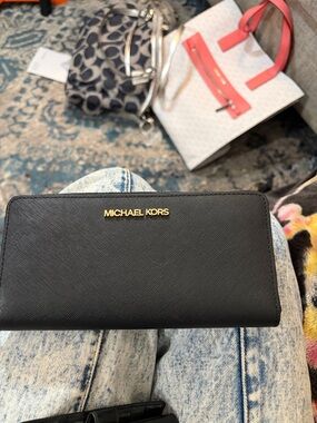 Michael Kors Black Saffiano Continental Wallet with Gold Logo